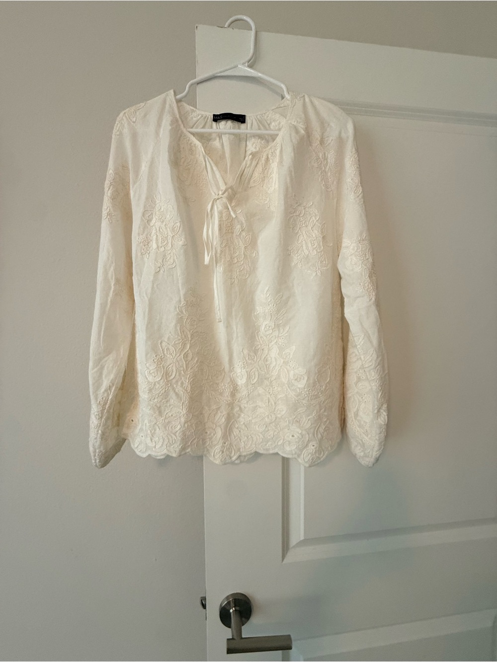 Women's Cream Embroidered Tie-Front Blouse